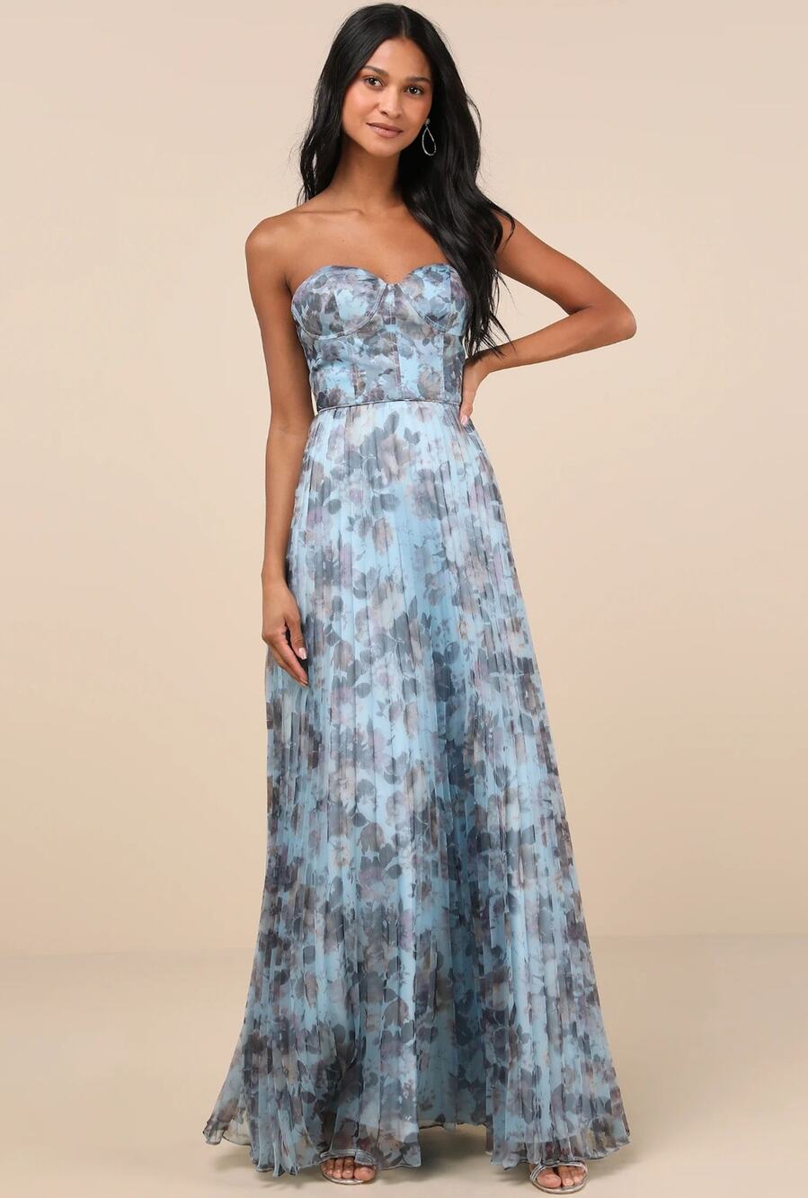 NWT Lulus Most Beautiful Day Blue Multi Floral Print Organza Maxi Dress S